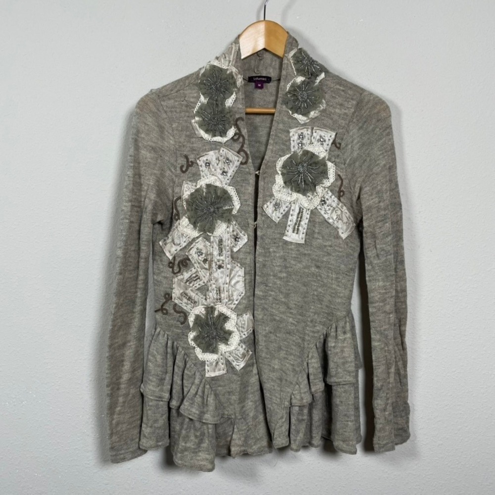 Lulumari Cardigan Sweater‎ Women M Gray Embellished Peplum Shabby Chic Boho